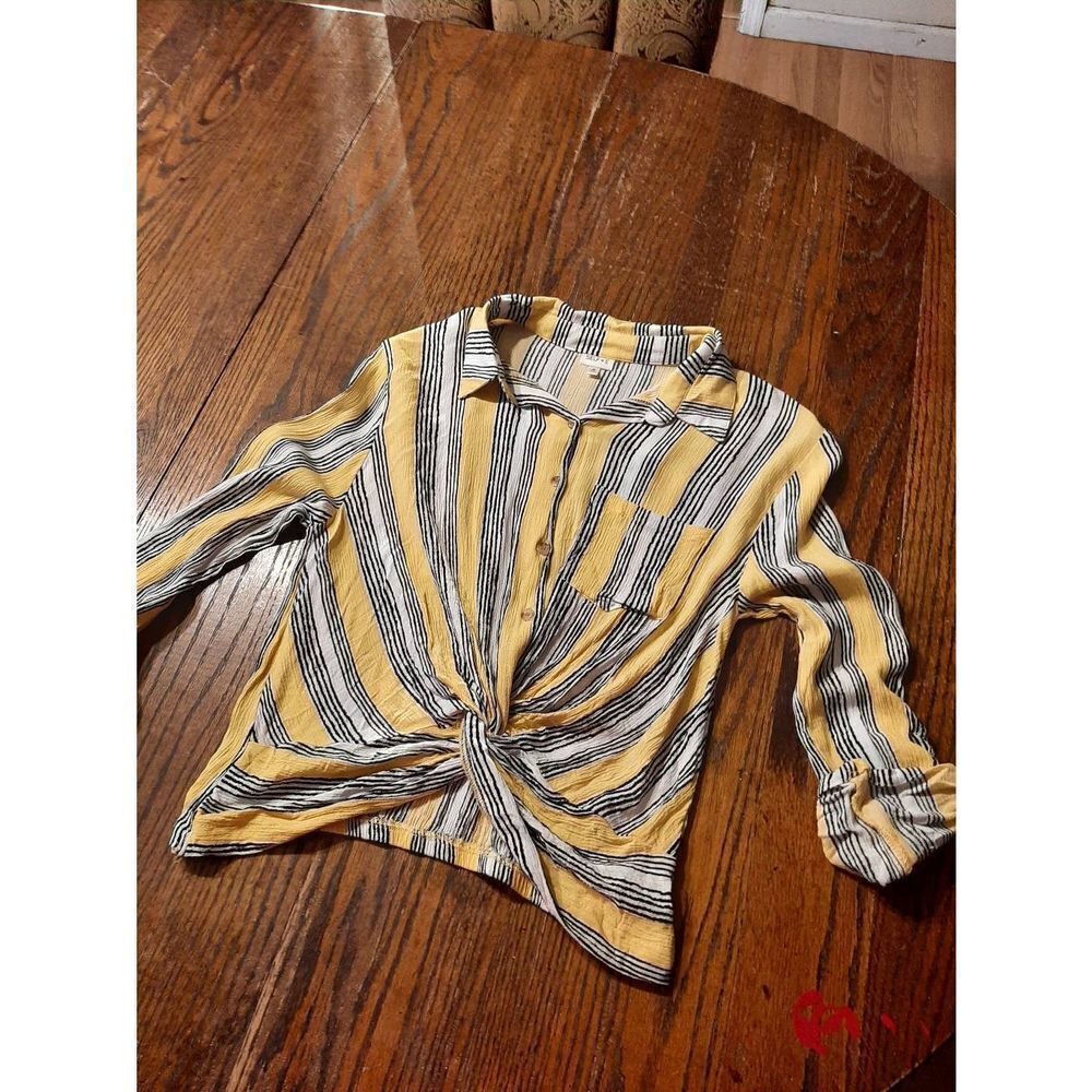 Medium Yellow Black White 3/4 Sleeve Front Twist Knot Waist Blouse Top Shirt